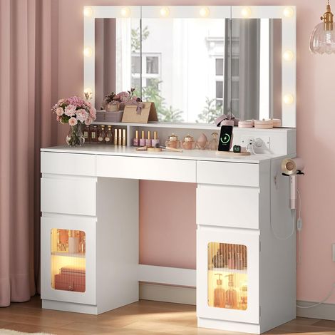 WOLTU Coiffeuse avec Miroir Triple, Station de Charge, 5 Tiroirs, 2 Placards avec Bande LED, Support pour Sèche-cheveux, Table de Maquillage, Blanc (1/5)