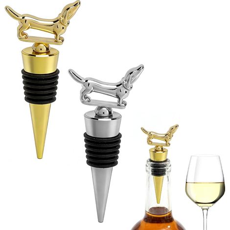 Bouchon de Vin Chien 2 Pièces – Bouchons Hermétiques Décoratifs pour Bouteille de Vin et Champagne – Cadeau Original pour Amateurs de Vin et Amoureux des Chiens – Doré & Argent (1/5)