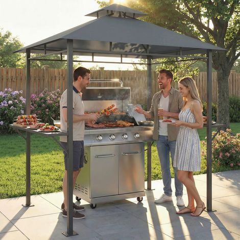 Abri pour barbecue 2,4 x 1,4 m résistant au vent à double toit. Ouverture de ventilation et étagères latérales de rangement. (1/5)