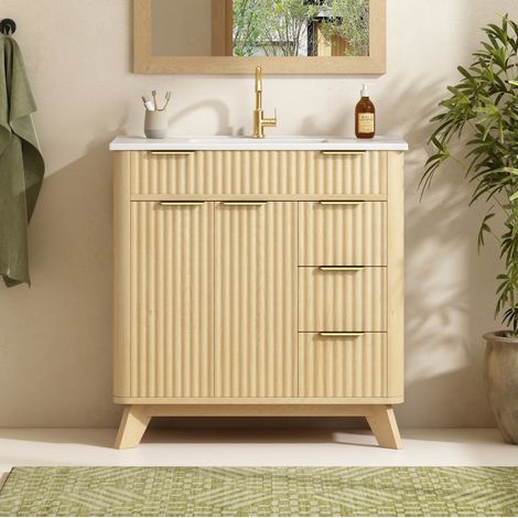 Meuble sous vasque 81 cm avec lavabo en céramique, 3 tiroirs et 2 portes à fermeture douce, décor vague bois clair, étagère intérieure, pour salle de bains – CHICFURN (1/5)