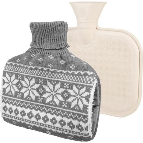 Bouillotte avec couvercle Bouillotte 1L Housse tricotée amovible et lavable pour bouillotte Bouillotte Cadeau pour adultes et enfants (Gris) (1/4)