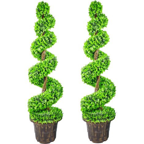 120cm Pair of Green Large Leaf Spiral Topiary Trees with Decorative Planters (1/5)