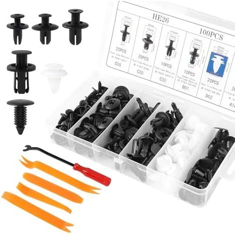 100PCS Auto Clips Voiture,Clips De Fixation Avec Outil DéMontage Et Clé,Remplacement Universel Voiture Pour Pare-Chocs, Garniture Porte, Fixations D'Aile - (1/5)