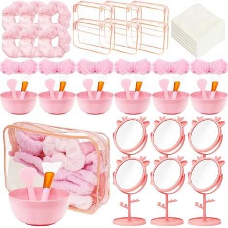 Lot de 48 Accessoires Spa Roses pour 6 Personnes, Coffret Beauté Femme Bols, pinceaux, spatules, miroirs, trousses, bandeaux, chouchous et serviettes pour soirée pyjama, anniversaire et détente (1/5)
