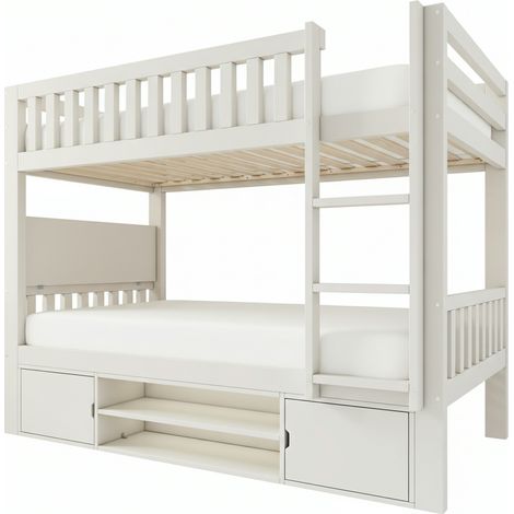 Lit mezzanine enfant blanc 90×200 cm avec plateau de table rabattable et étagère à chaussures intégrée, sommier à lattes, solution tout-en-un gain de place, conforme EN 747, sans matelas (1/5)