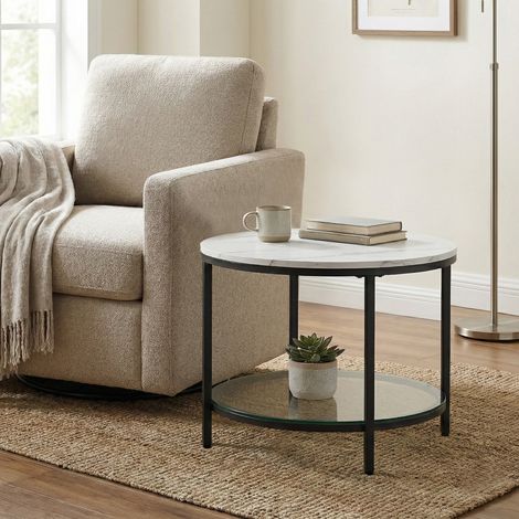 Table Basse, Table de Salon, Table Canapé Apéro, Façon Marbre, Support en Verre Trempé, Facile à Assembler, pour Salon, Style Moderne, Blanc Marbré et Noir (1/5)