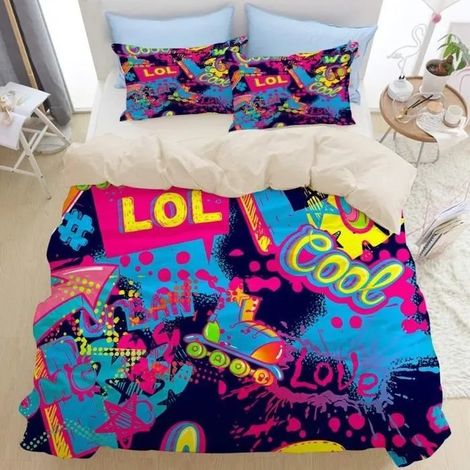 Parure de lit 3 pièces beige 140x210cm en microfibre, imprimé grunge abstrait, pour adolescents (1/4)