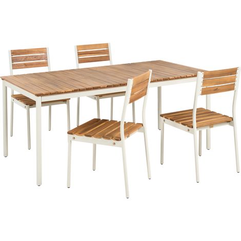 Mesa de comedor de jardín moderna con 4 sillas de madera de acacia con listones y estructura de metal marrón Corricella (1/5)