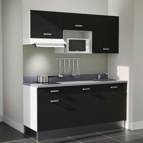 Kitchenette K30L - 180 cm - emplacements micro-ondes et hotte-Noir-Cromo-évier à droite (1/4)