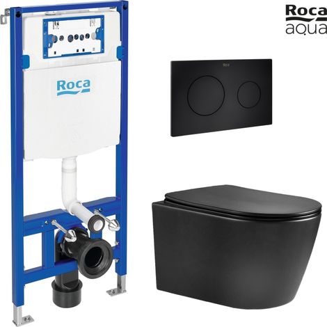 BASTIDOR ROCA DUPLO CON CISTERNA EMPOTRADA Y PULSADOR PL10 NEGRO MATE CON INODORO SUSPENDIDO NEBULA BLACK MATE RIMLESS (1/5)
