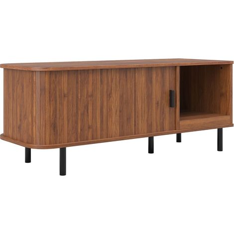 Table basse avec rangement porte coulissante rangement intégré compartiment ouvert forme rectangulaire aspect lamelles (1/5)