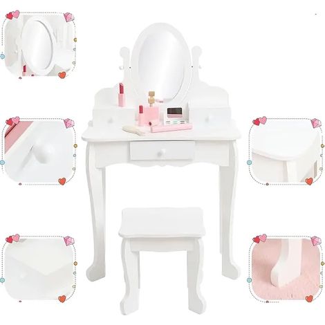 Set de maquillaje, tocador, taburete incluido, blanco (1/2)