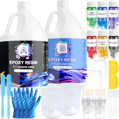 Resine Epóxy,7.6 L/2 Gallons Kit Resin Epóxy Transparente et Durcisseur avec Colorant,Paillette,1: 1 Ratio Revêtement pour Bois,DIY,Créations Artistiques,Table,Décoration (1/5)