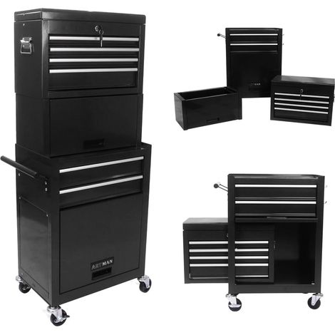 Armoire à outils sur roues, boîte à outils roulante 6 positions avec 4 roues universelles, organisateur de rangement amovible 2 en 1 pour garage, atelier, atelier de réparation, noir. (1/5)