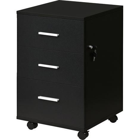 Commode de bureau à 3 tiroirs, roulettes, serrure, 2 clés, meuble de rangement mobile pour bureau/salon, 40 x 40 x 61,5 cm, noire (1/5)