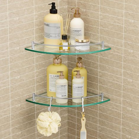 Étagère Murale Étagère d'angle en Verre Étagère Salle de Bain Douche Tablette Étagère en Verre Trempé avec Porte Serviette 2 Pièces Acier Inoxydable SUS304 Brossée (1/5)
