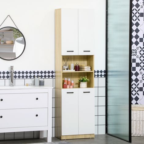 Placard Salle Bain Haut Portes Étagères Ouvertes Réglables Mobilier Intérieur Blanc Chêne 53x33,5x195,7cm