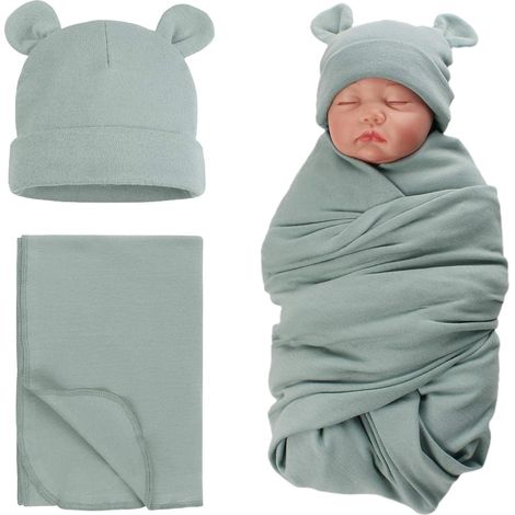 Coton Couverture d'emmaillotage avec Bébé Chapeau de Nouveau Né Mignon Ours Naissance Couverture et Bonnet (Vert de Gris)