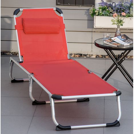 Chaise longue de jardin pliante en aluminium rouge, dossier 4 positions, avec coussin amovible, 165 x 60 x 76 cm (1/5)