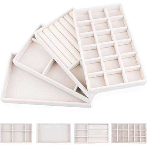 [JAMAIS UTILISÉ] 4 x Plateau Bijoux Velours 21x12,5cm Organisateur Rangement Collier Boucles D'oreilles Chaîne Tiroir Femme Boîte Présentoir (1/4)
