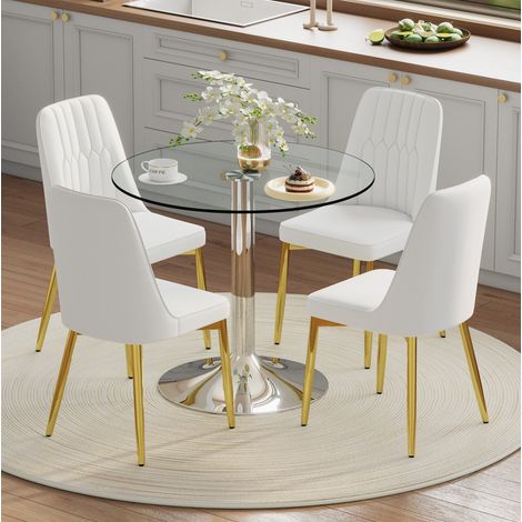 Esstisch Set aus Glas 85x85x76 cm, mit 4 Esszimmerstühlen, transparent, Weiß und Gold, Silbernes Metall (1/5)
