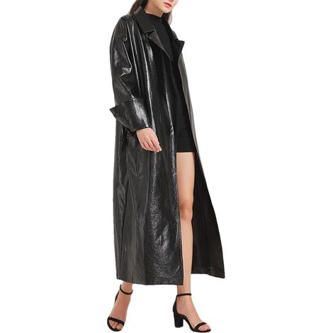 Trench extra long en cuir verni réfléchissant pour femme avec ceinture - Coupe-vent - Style piste (1/5)