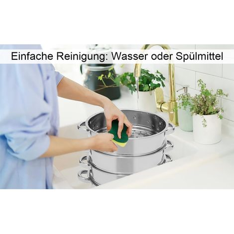 Pot à vapeur en acier inoxydable poli 5 couches avec couvercle transparent 28 cm pour cuire à la vapeur des soupes, des pâtes, du poisson en même temps (1/5)