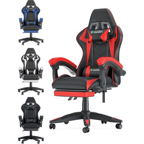 Fauteuil gamer ergonomique - Rattantree Chaise de bureau - Avec appui-tête, Support lombaire et Repose-pieds - Hauteur Réglable - Noir et Rouge (1/5)