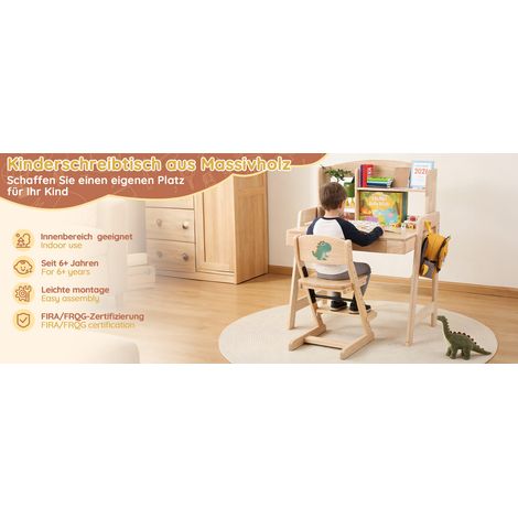 Bureau enfant réglable en hauteur en bois massif naturel avec tiroir, rangement et crochet, pour enfants dès 6 ans (1/5)
