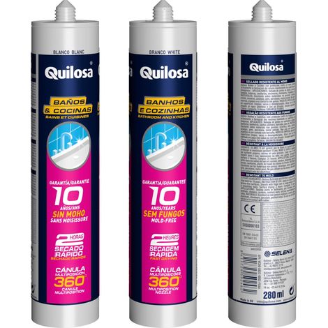 QUILOSA silicona antimoho blanca baño/cocina , Sellador de silicona para Baños y Cocinas.Color Blanco.
- Cartucho de 300 ml.
- Antimoho.
- Secado rápido.
- Con cánula multiposición