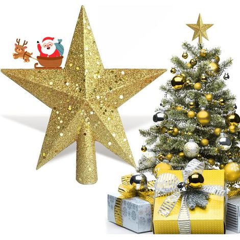 Cimier Sapin De Noël Etoile, Glitter Christmas Tree Top Decoration Star, Plastique Léger Xmas étoile Noel Décoration Ornements, Interieur/Exterieur 20cm/ 7.8in (Or) (1/5)