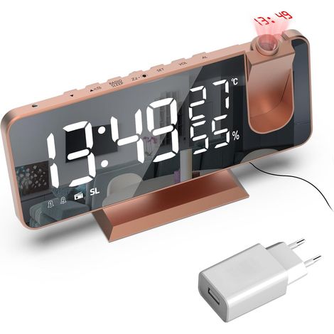 Radio Réveil avec Projecteur Alimentation Secteur pour Table de Chevet Affichage de la Température et de l'humidité Fonction Snooze Adaptateur Inclus (1/5)