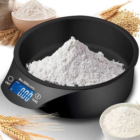 Bilancia elettronica da cucina con ciotola di precisione, capacità 5 kg, colore nero, a batteria.