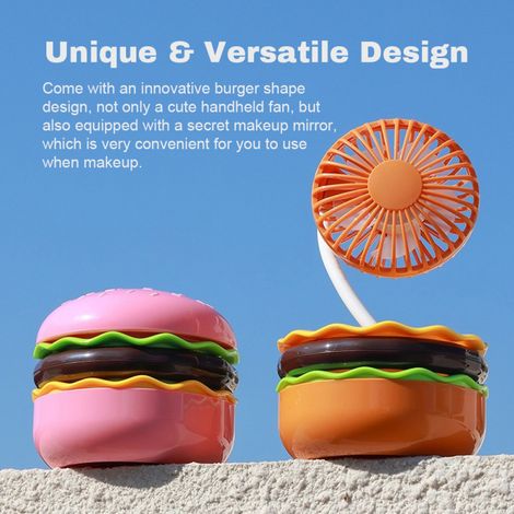Petit ventilateur mignon en forme de hamburger avec miroir de maquillage intégré, rechargeable par USB, rotatif, idéal pour le bureau, la maison, les dortoirs et les voyages. (1/2)