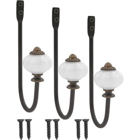 lot de 3 patère antique, patère, crochet à chapeau, crochet en fer avec tête en céramique et couronne en laiton - style campagnard vintage (1/5)