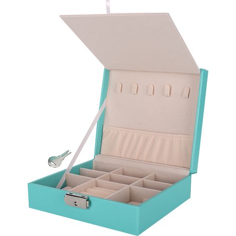 Boîte à bijoux bleue portable en simili cuir pour colliers, bagues et boucles d'oreilles - Organisateur de rangement voyage (1/5)
