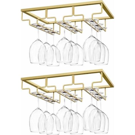 - Hängender Stielglashalter, [2 Stück] Hängender Weinglashalter, Weinglasregal mit 3 Schienen für unter dem Regal, Glasschrank, verchromter Wandbehang, Küchenbar – Gold  FLITI (1/4)