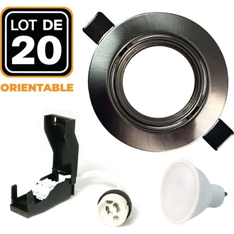 Europalamp – Lot de 20 spots encastrables orientables en alu brossé – GU10 LED 7W blanc neutre 4500K – Efficacité énergétique A+ – Installation facile