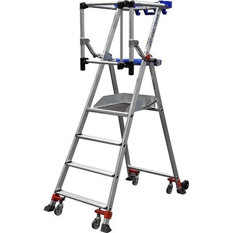 Tubesca Comabi – Plateforme échafaudage 4 marches – Hauteur de travail 2.95 m – Autostable avec garde-corps breveté – Déplacement facile avec roulettes pivotantes