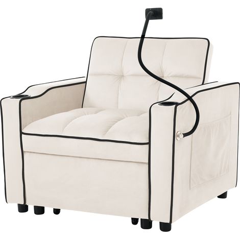 Fauteuil Convertible en Mousse beige avec Porte-gobelets, Dossier inclinable, 3-en-1 escamotable,83×167×76cm (1/5)