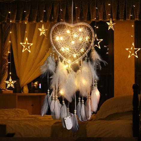 GROOFOO Attrape de Rêves LED, Faite Main Capteur de Rêves en Plumes Lumineux Dream Catcher pour Chambre Maison Décoration Tenture Murale Mobile Decoratif Filles Enfants Cadeau(Blanc) (1/5)