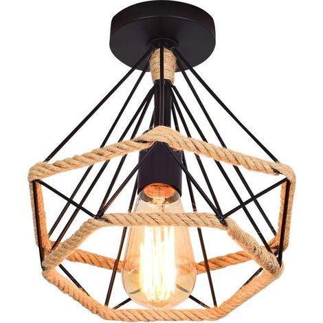 Lustre vintage en fer forgé en forme de cage de diamant avec corde de chanvre pour salon et chambre à coucher, 25 cm (1/5)