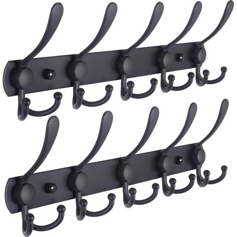 Wandgarderobe – 5 stabile Dreifachhaken, Edelstahl, Metallhakenleiste für Garderobe, Handtuchhalter, Geldbörse, Badezimmergarderobe (Schwarz, 2er-Pack)