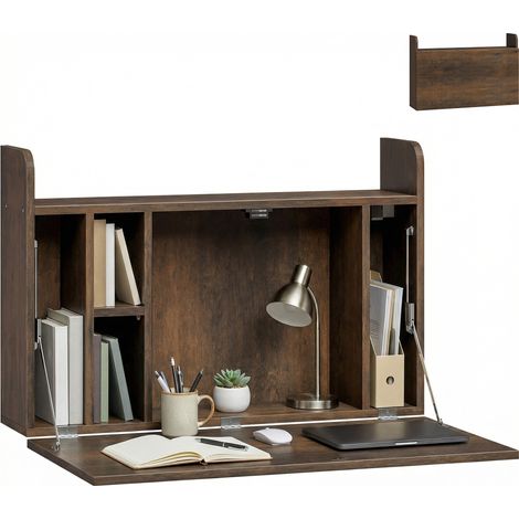 HOMCOM Wall Mounted Table w/ Space Saving Storage Compartments, Dark Brown