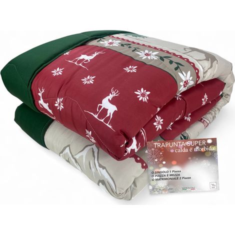 Trapunta Invernale Super Fantasia Baita - Stile Tirolese Rosso Verde - Microfibra Calda 300gr - Made in Italy Cm. 220x260 (1/5)