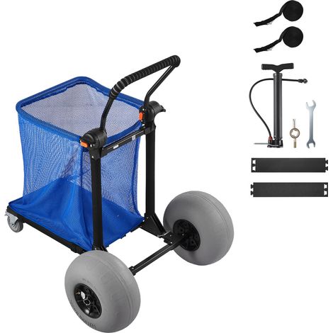 Chariot de plage robuste et pliable avec grandes roues pour le sable, capacité de charge de 75 kg, équipé de roues ballons de 320 mm, d'un sac de rangement et d'un guidon réglable à 180°. Idéal pour l (1/5)