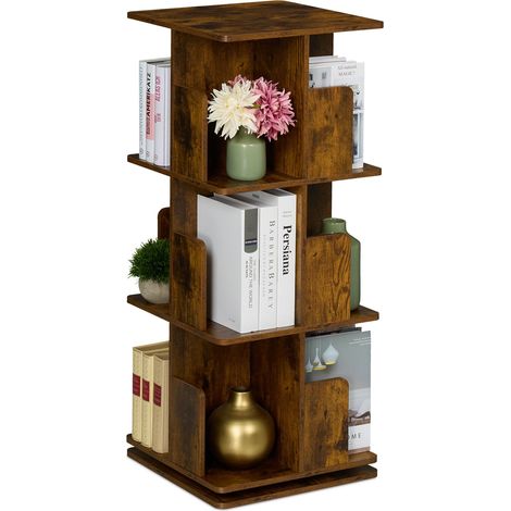 Relaxdays Estantería para Libros, Giratoria 360 Grados, 3 Niveles, Diseño Industrial, 95 x 39 x 39 cm, Librería, Marrón