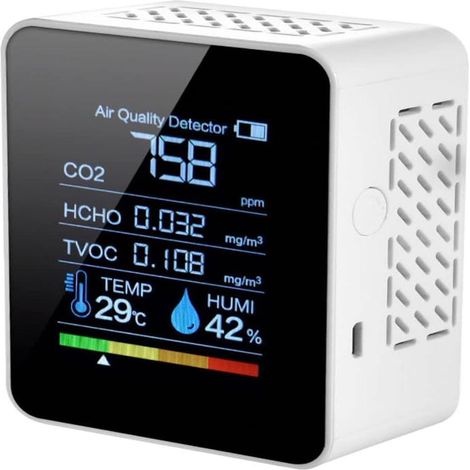 Koldioxidmätare, 5-i-1 Luftkvalitetsdetektor, Inomhus CO2-mätare, Digital Display, Temperatur- och Fuktighetsmätare, Färg Bakgrundsbelysningsmätare (1/5)