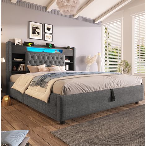 Lit coffre 180x200 cm en lin gris, LED, USB/Type-C, rangement pour chambre, sans matelas â MEUBLIV (1/5)