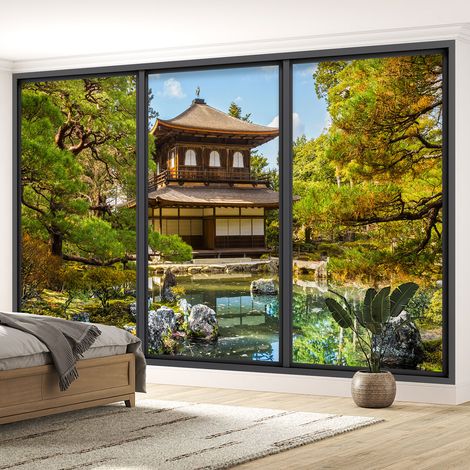 Papier peint panoramique Trompe l'oeil baie vitrée - Temple japonais - 130 cm x 78 cm (1/5)
